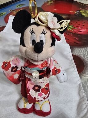 Disney Black, Red and White Minnie Plush Keychain with Gold Trim
